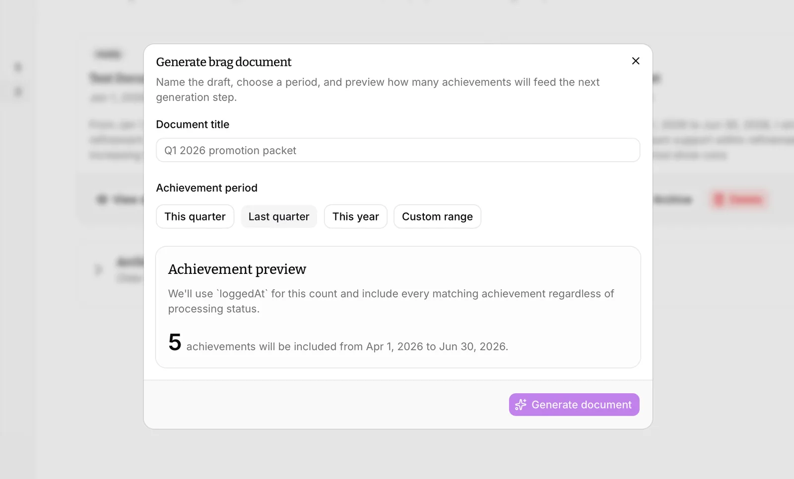 BragJournal dialog for selecting an achievement period and achievements to include in a new brag document