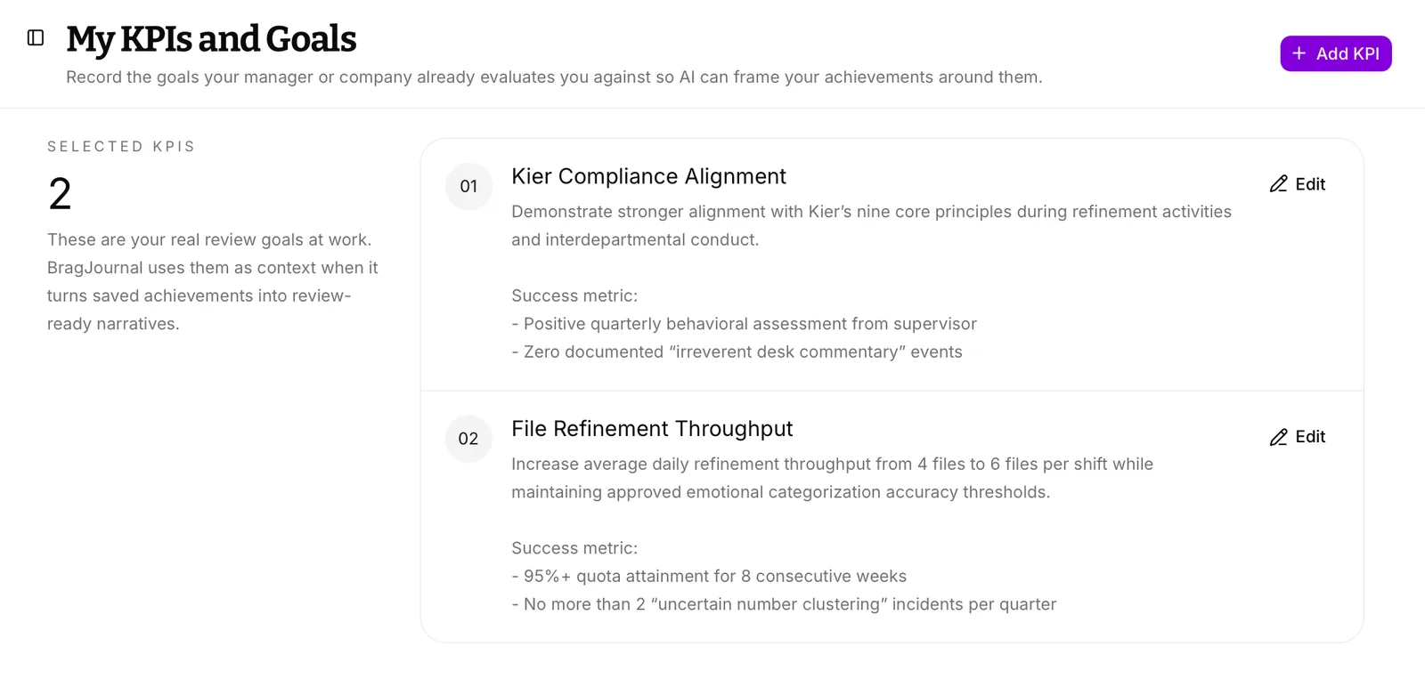 BragJournal KPI view with saved goals and review context